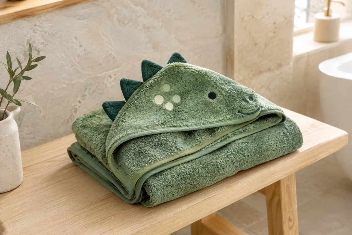 Cape de bain Bebamour à capuche avec motif dinosaure, pliée dans une salle de bain claire