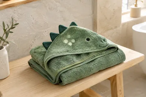 Cape de bain Bebamour à capuche avec motif dinosaure, pliée dans une salle de bain claire