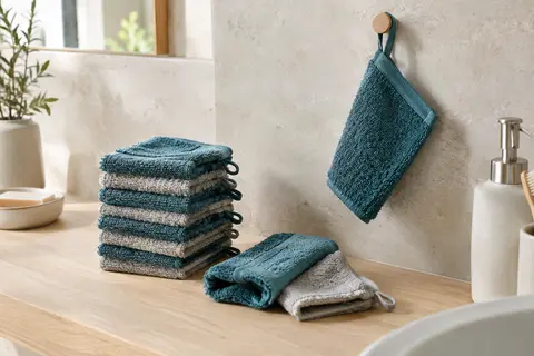 Lot de gants de toilette en coton bleu pétrole et gris pierre pliés et suspendus dans une salle de bain lumineuse.