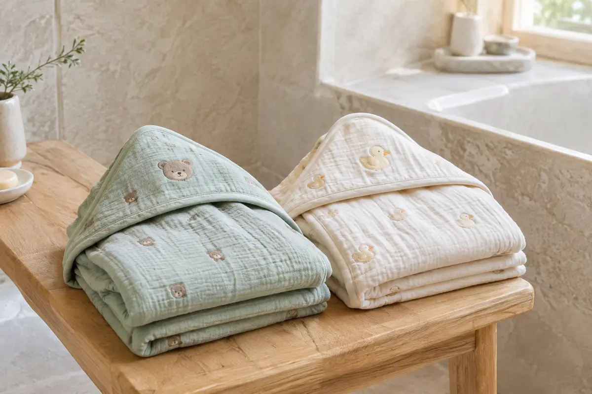 Deux capes de bain bébé à capuche en mousseline, pliées avec leurs motifs d’ours et de canard visibles.