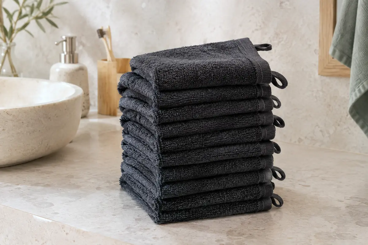 Lot de gants de toilette en coton anthracite pliés sur une surface en pierre claire