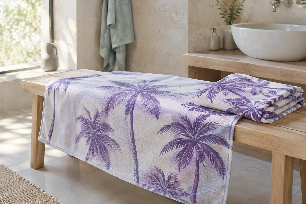 Serviette de plage en microfibre à motif de palmiers violets, déployée sur un banc en bois clair.