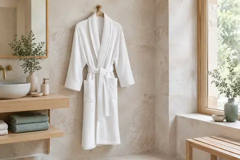 Peignoir blanc en coton gaufré suspendu dans une salle de bain claire, avec col châle, ceinture et poches.