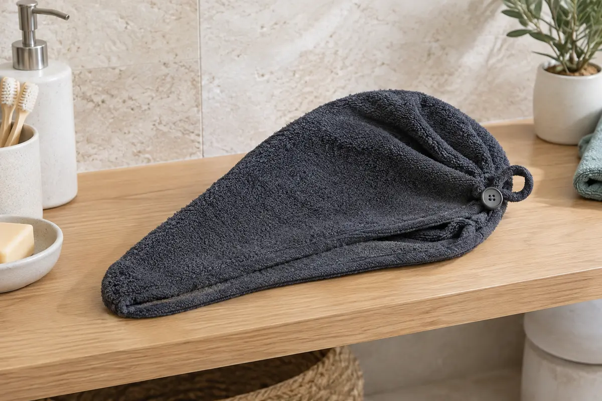 Turban cheveux en coton gris anthracite posé dans une salle de bain lumineuse