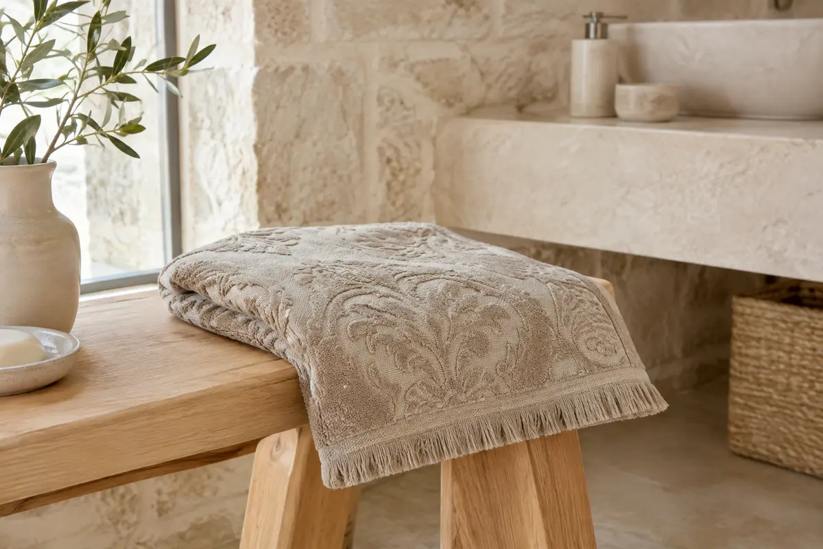 Serviette de hammam beige en coton jacquard baroque pliée sur un banc de bois clair dans une salle de bain minérale.