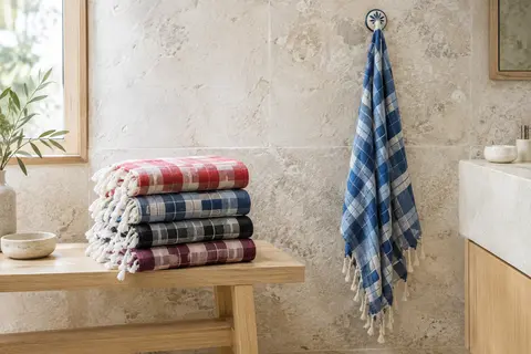 Quatre serviettes de hammam en coton à carreaux, pliées et suspendue dans une salle de bain lumineuse