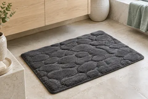 Tapis de bain rectangulaire gris foncé à surface douce effet galets, posé sur un sol clair.