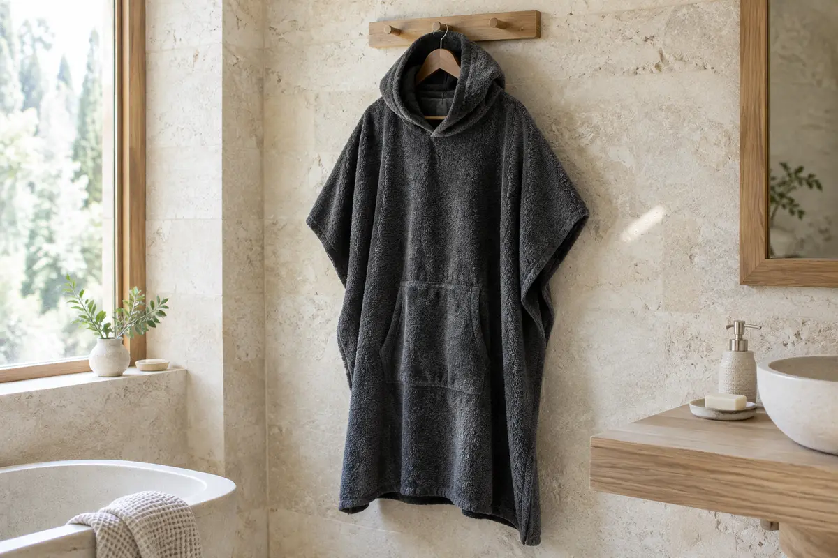 Poncho de bain gris anthracite à capuche en coton éponge suspendu dans une salle de bain claire
