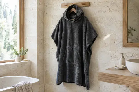 Poncho de bain gris anthracite à capuche en coton éponge suspendu dans une salle de bain claire
