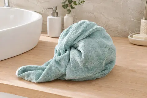 Serviette Conair en coton pliée sur une tablette en bois clair dans une salle de bain lumineuse