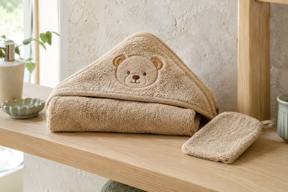 Cape de bain bébé en coton éponge beige miel avec capuche ours et gant assorti, posés sur une étagère.