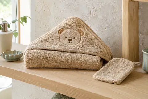 Cape de bain bébé en coton éponge beige miel avec capuche ours et gant assorti, posés sur une étagère.