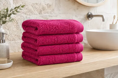 Quatre serviettes de toilette en coton éponge fuchsia pliées sur une tablette en bois clair.