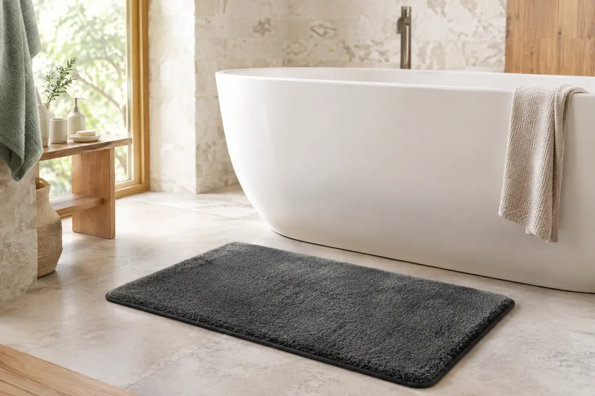 Tapis de bain rectangulaire gris foncé en microfibre posé devant une baignoire dans une salle de bain claire.