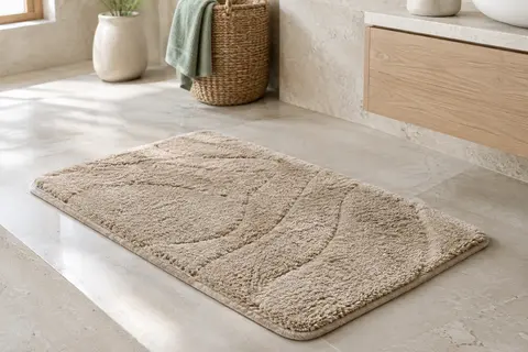 Tapis de bain beige rectangulaire en microfibre moelleuse posé sur un sol en pierre claire
