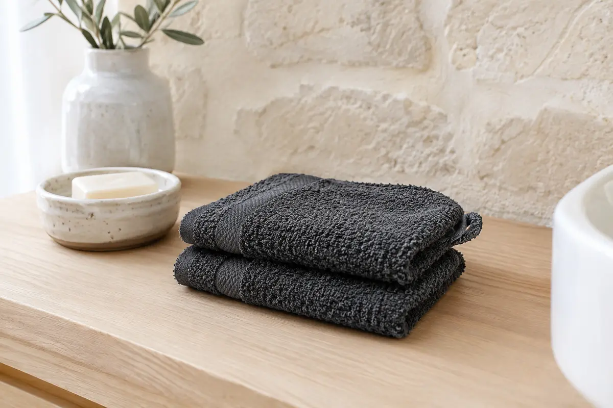 Deux gants de toilette anthracite en coton éponge pliés sur une tablette en bois clair
