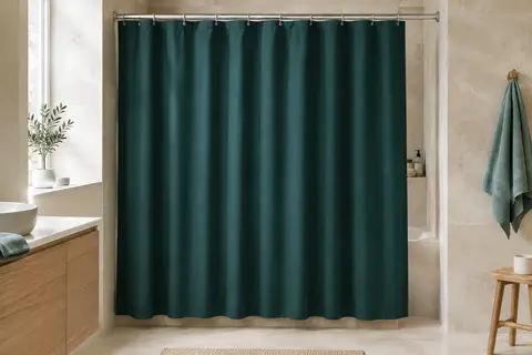 Rideau de douche uni en polyester pétrole suspendu dans une salle de bain aux tons minéraux clairs.