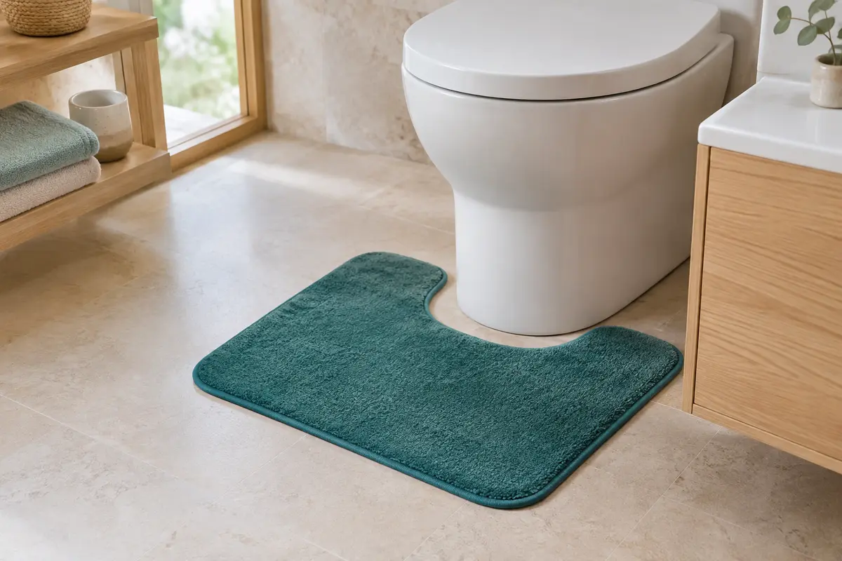 Tapis contour WC carré en microfibre bleu émeraude posé dans une salle de bain lumineuse aux tons minéraux.