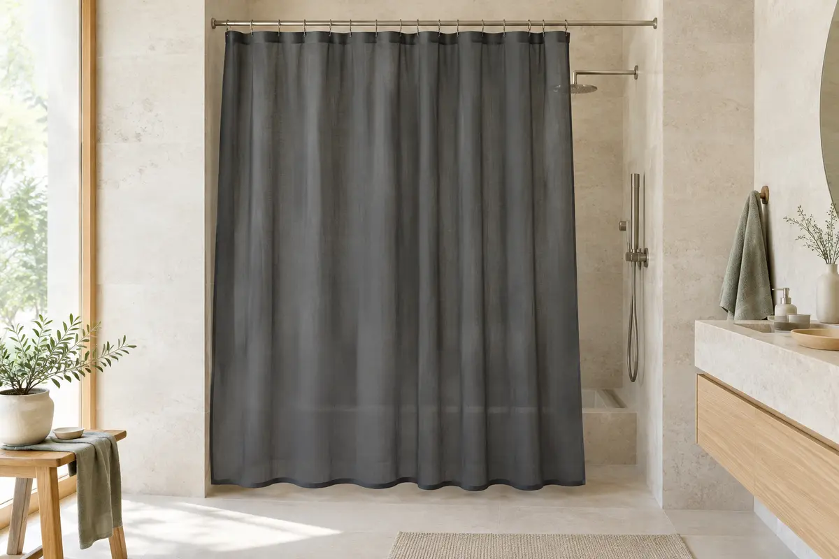 Rideau de douche translucide gris foncé suspendu dans une salle de bain claire en pierre et bois.