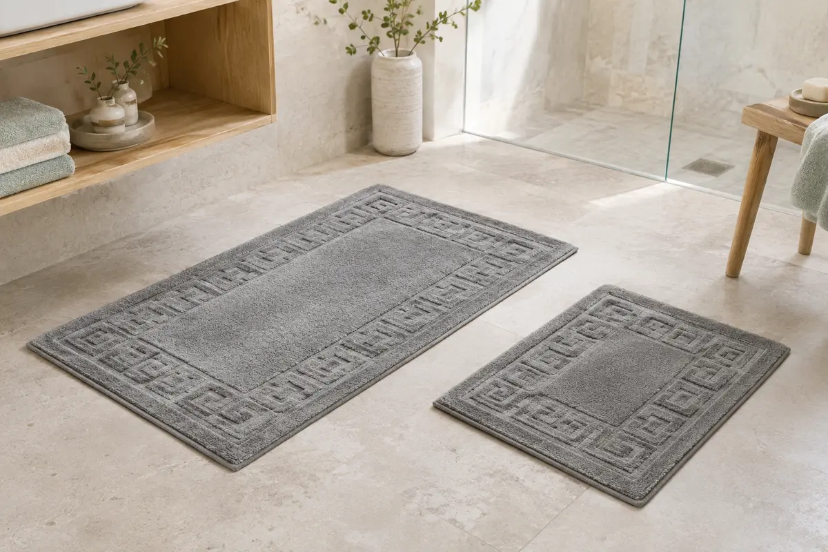Deux tapis de bain gris au motif grec, posés sur un sol clair dans une salle de bain lumineuse.