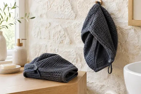 Deux turbans cheveux en microfibre anthracite, l’un plié et l’autre suspendu dans une salle de bain claire.