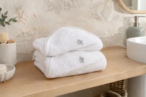 Deux serviettes blanches en coton pour bébé, pliées et montrant leur capuche et leur broderie étoilée.