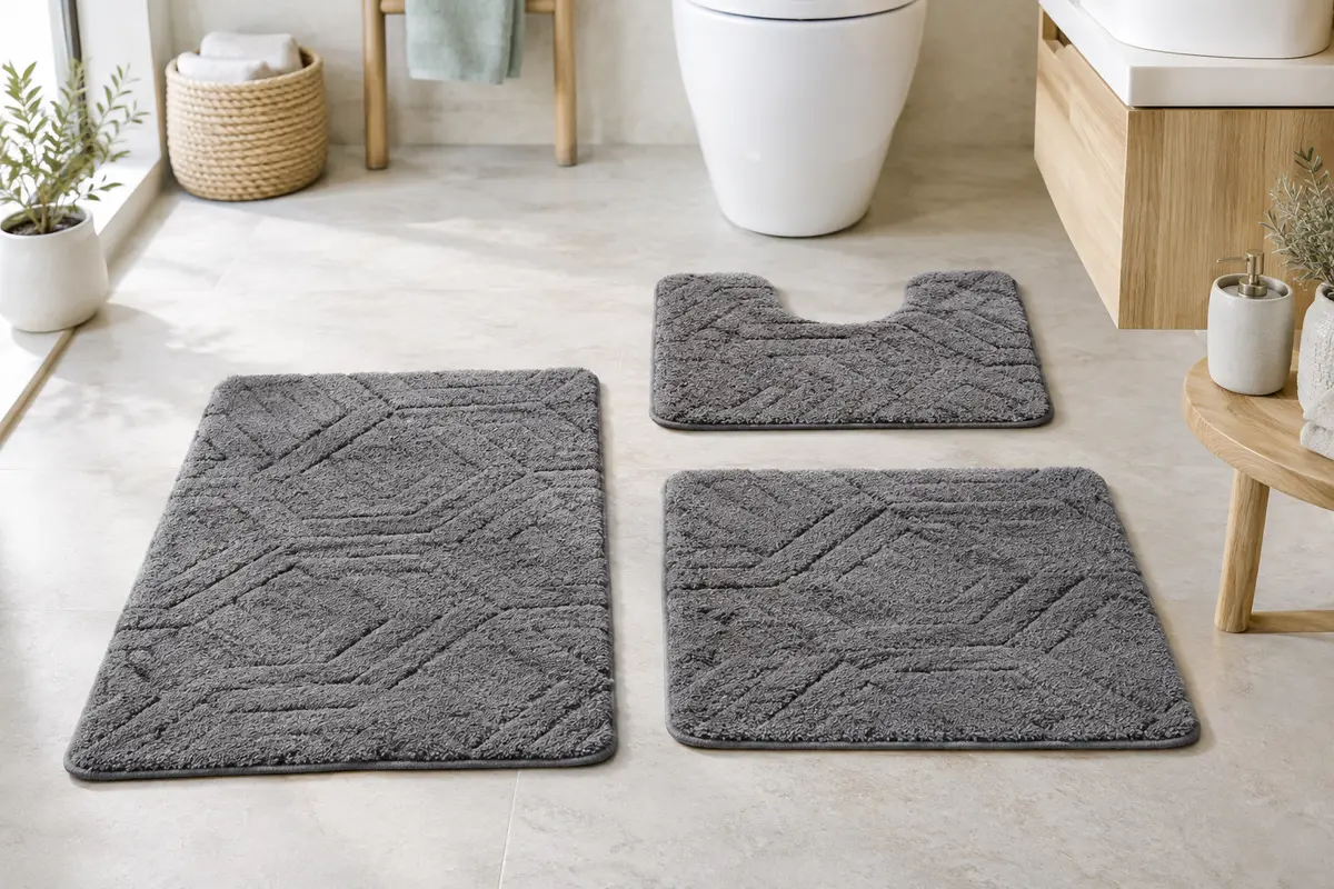 Trois tapis de bain gris en microfibre, dont un modèle en U, posés sur un sol de salle de bain clair.
