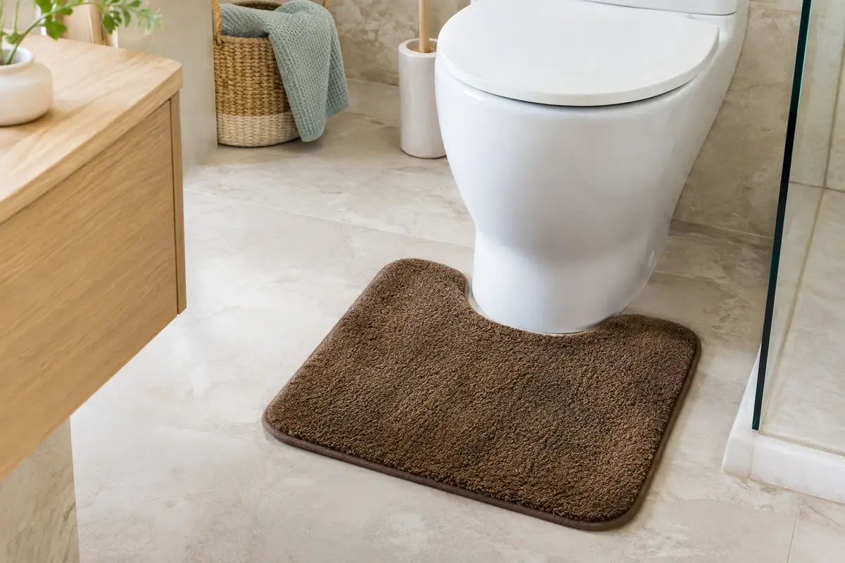 Tapis contour WC en microfibre café posé sur un sol clair dans une salle de bain lumineuse