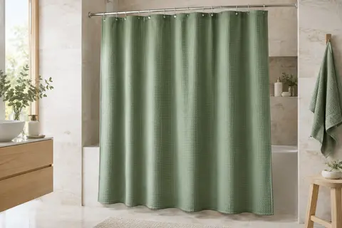 Rideau de douche vert en polyester gaufré, suspendu dans une salle de bain lumineuse aux murs minéraux.