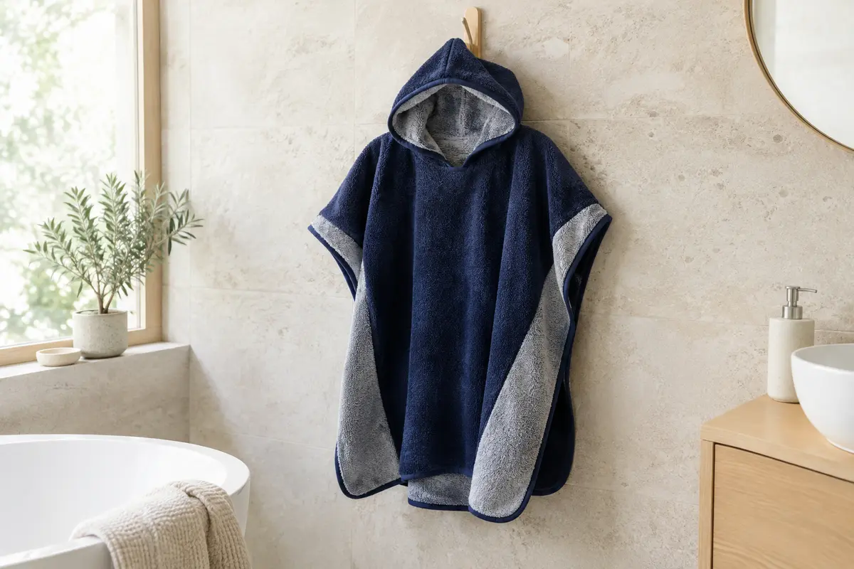 Poncho de bain enfant à capuche en microfibre bleu marine et gris suspendu dans une salle de bain claire