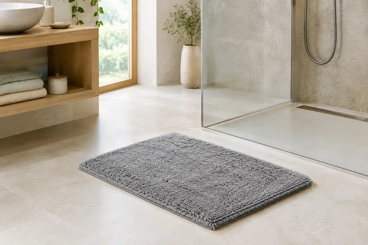 Tapis de bain gris en chenille moelleuse posé près d’une douche dans une salle de bain claire.