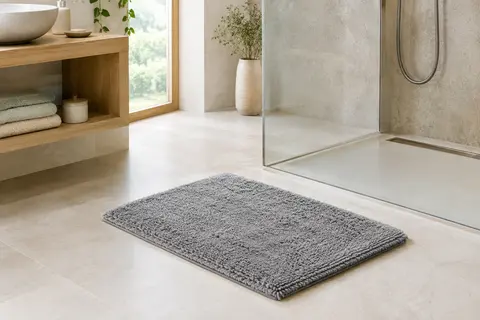 Tapis de bain gris en chenille moelleuse posé près d’une douche dans une salle de bain claire.