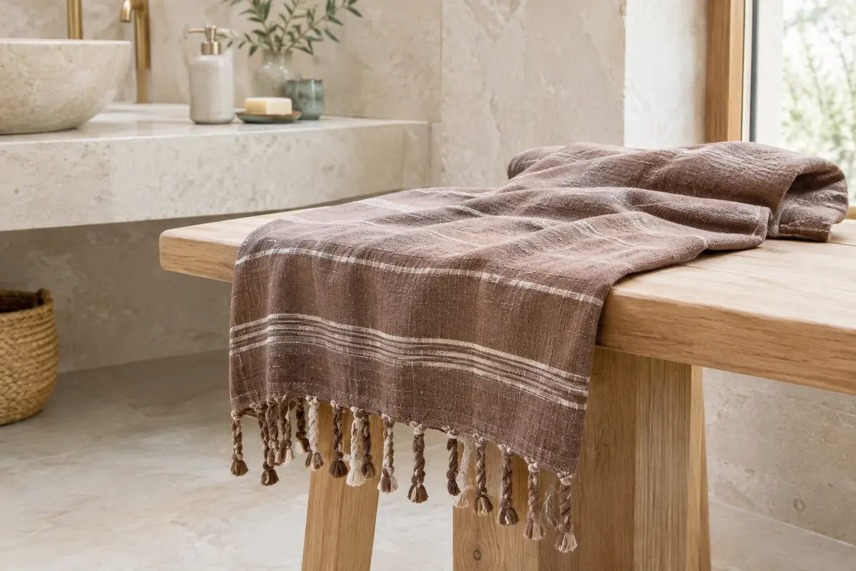 Fouta de plage en coton marron à rayures, avec franges nouées, posée dans une salle de bain lumineuse.