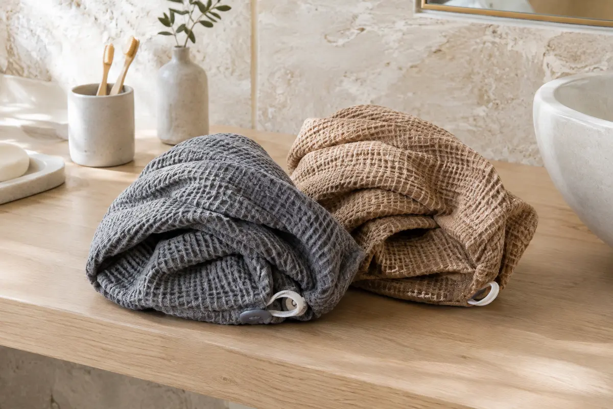 Deux turbans pour cheveux en microfibre gaufrée, gris et camel, posés dans une salle de bain claire.
