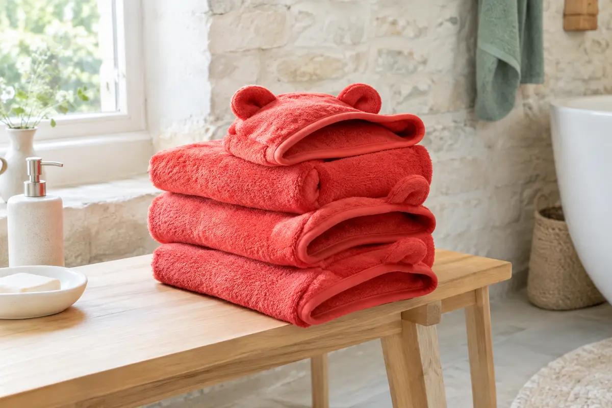 Trois capes de bain bébé rouges en polaire corail, pliées sur un banc en bois clair.