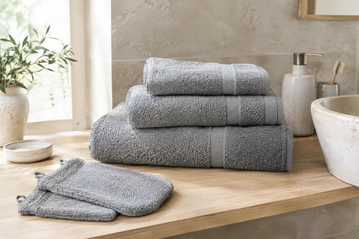 Lot de serviettes en coton gris argent pliées dans une salle de bain claire, avec deux gants de bain
