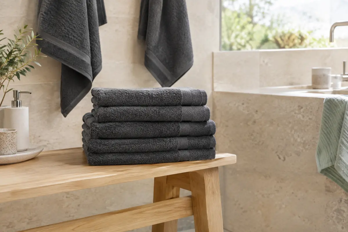Pile de serviettes de toilette en coton gris anthracite pliées dans une salle de bain lumineuse.