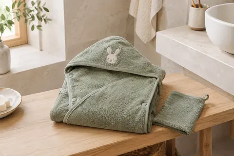 Cape de bain bébé kaki à capuche avec broderie animale et petite serviette pour les mains