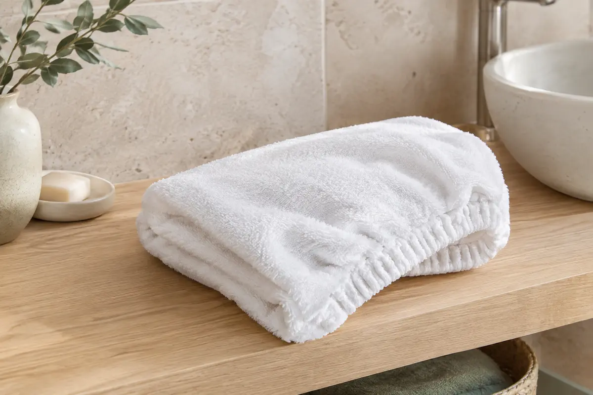 Serviette cheveux blanche en coton peigné, pliée sur une tablette en bois dans une salle de bain lumineuse.
