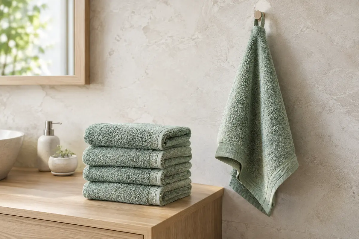Quatre serviettes de toilette vert sauge en coton éponge, dont une suspendue par sa boucle dans une salle de bain lumineuse