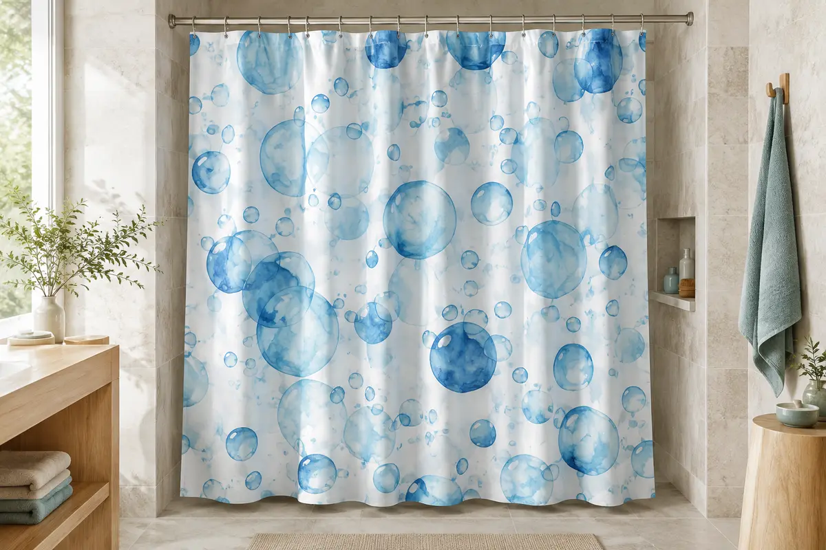 Rideau de douche en polyester à motif de bulles bleues, suspendu dans une salle de bain claire