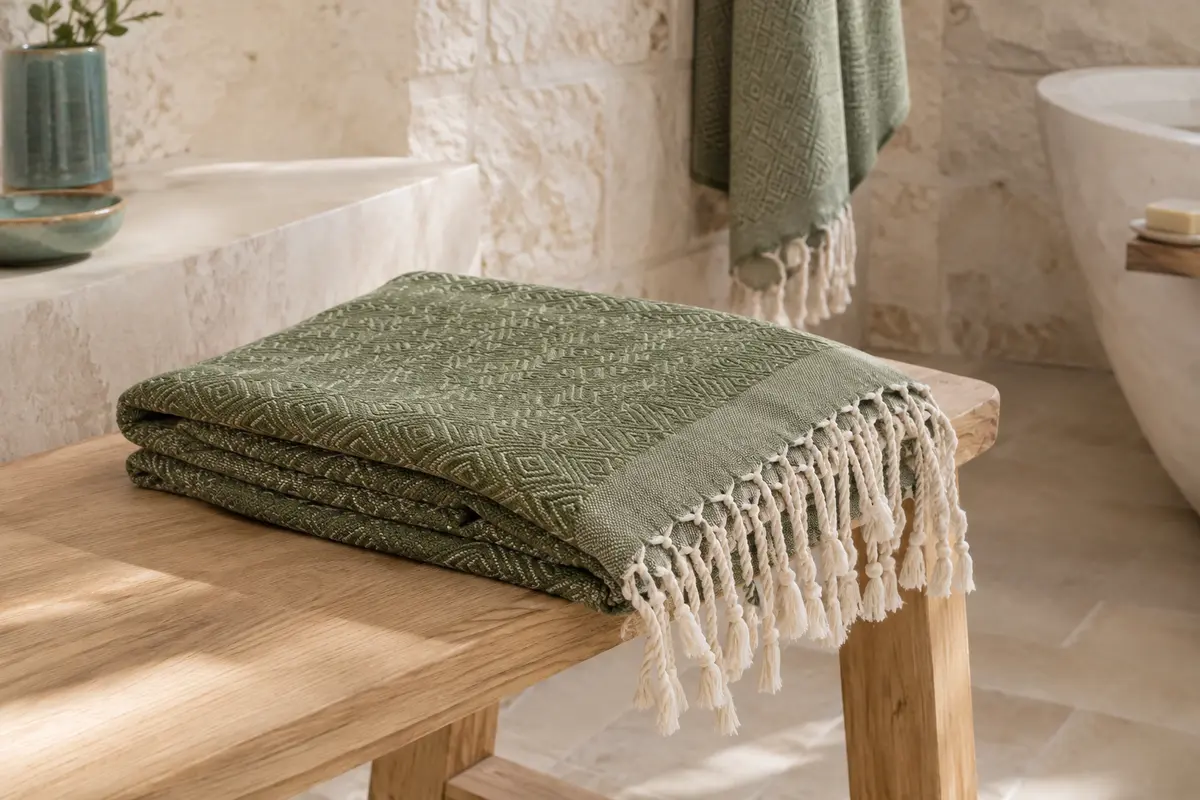 Serviette de hammam vert olive à motif géométrique, pliée sur un banc en bois clair.