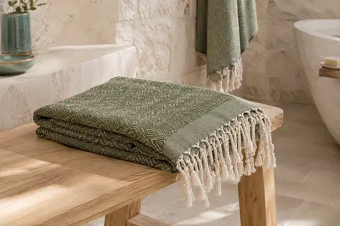 Serviette de hammam vert olive à motif géométrique, pliée sur un banc en bois clair.