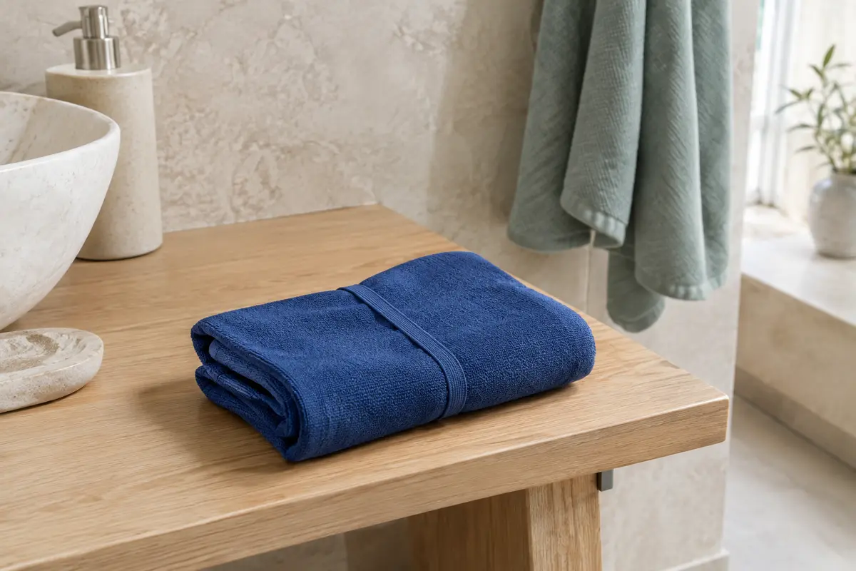 Serviette de plage en microfibre bleu profond, pliée avec son élastique dans une salle de bain lumineuse.