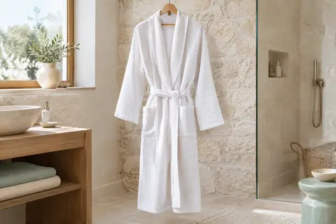 Peignoir blanc en coton gaufré suspendu dans une salle de bain claire en pierre et bois blond.