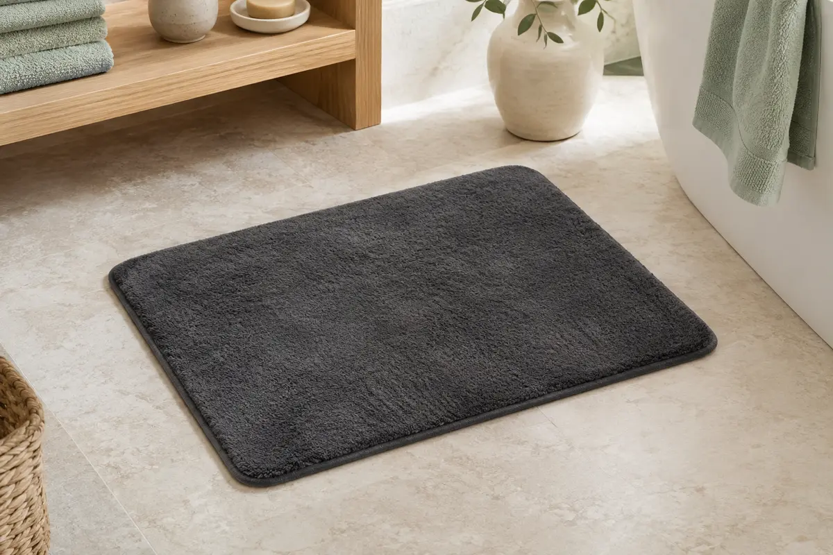Tapis de bain gris foncé à surface douce, posé sur un sol en pierre claire dans une salle de bain lumineuse.
