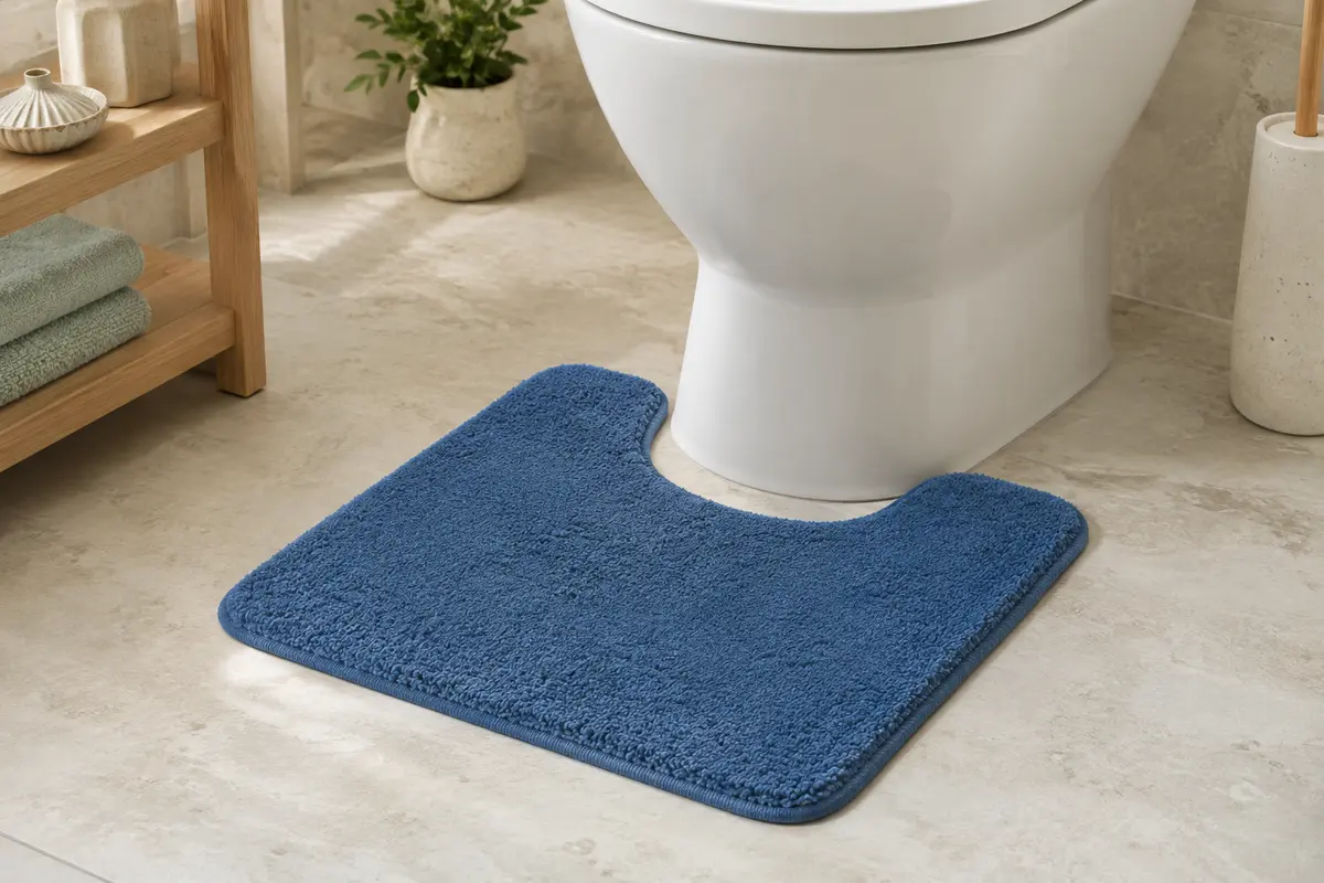 Tapis contour WC bleu en coton épais posé sur un sol de pierre claire dans une salle de bain lumineuse.