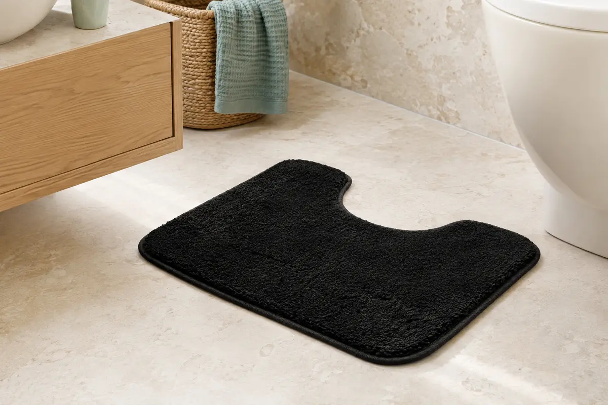 Tapis contour WC noir en coton, forme en U, posé sur un sol en pierre claire dans une salle de bain lumineuse.