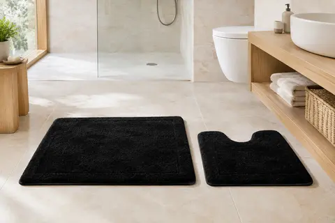 Deux tapis de bain en coton noir, aux faces texturées, présentés dans une salle de bains claire.