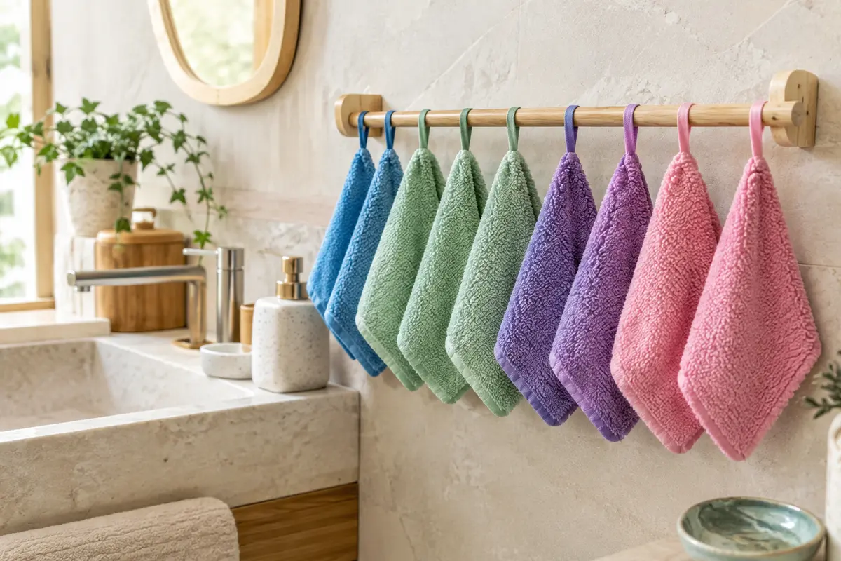 Lot de huit gants de toilette en microfibre colorés, pliés et suspendus dans une salle de bain claire.
